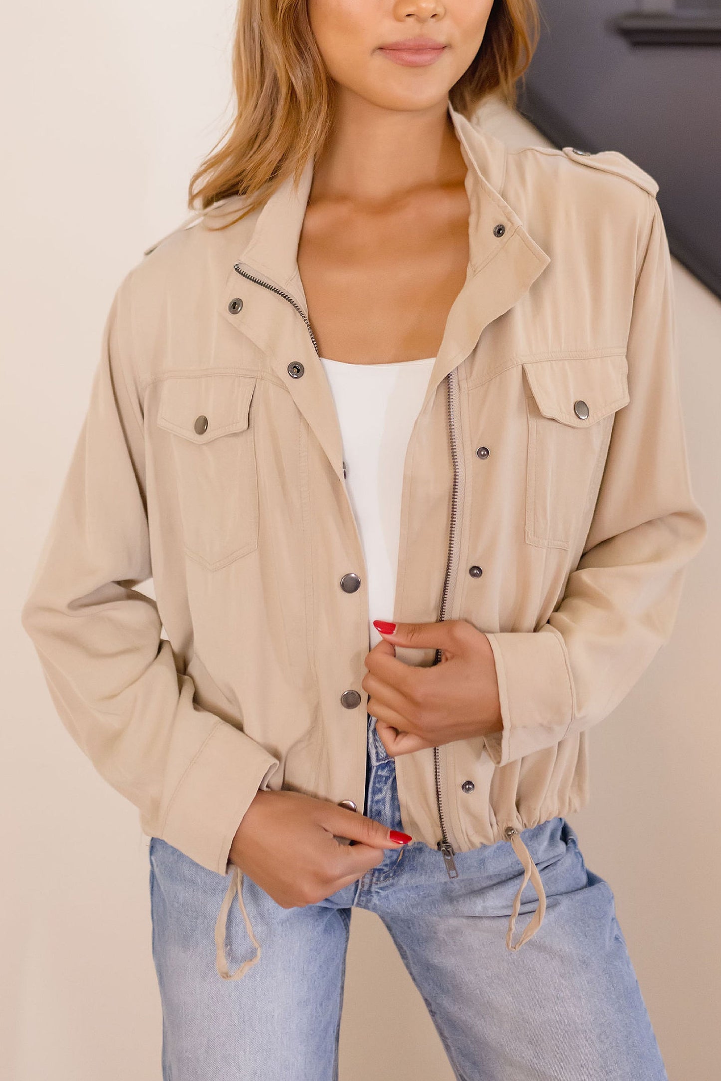 Alexis Drawstring Utility Jacket Taupe