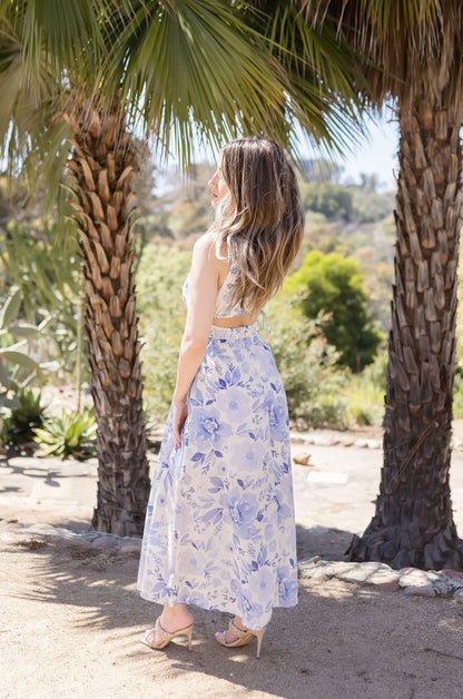 Ginger Sleeveless Cut Out Floral Print Maxi Dress Blue