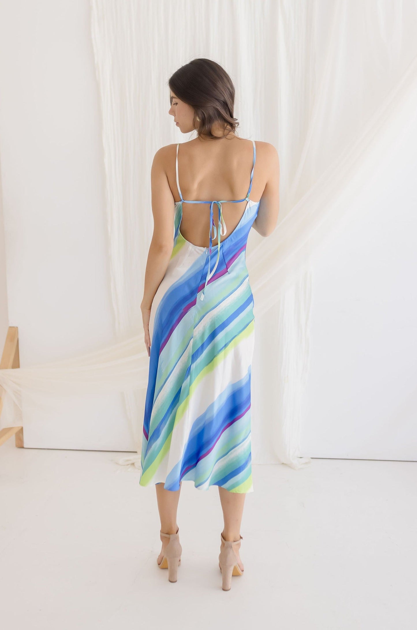 Camila Sleeveless Cowl Neck Stripe Print Midi Dress Blue