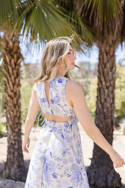 Ginger Sleeveless Cut Out Floral Print Maxi Dress Blue