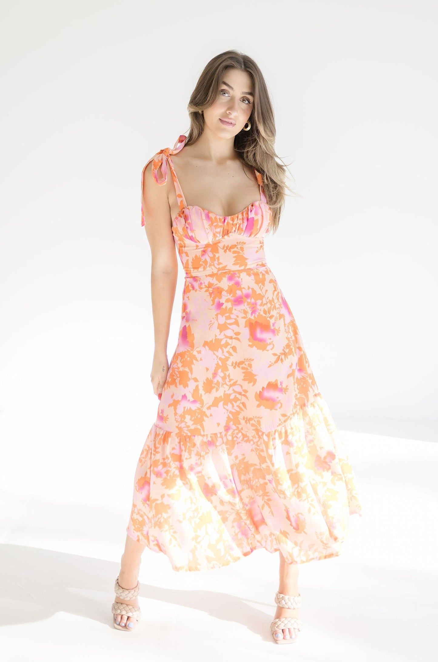 Georgia Shoulder Tie Floral Print Midi Dress Peach