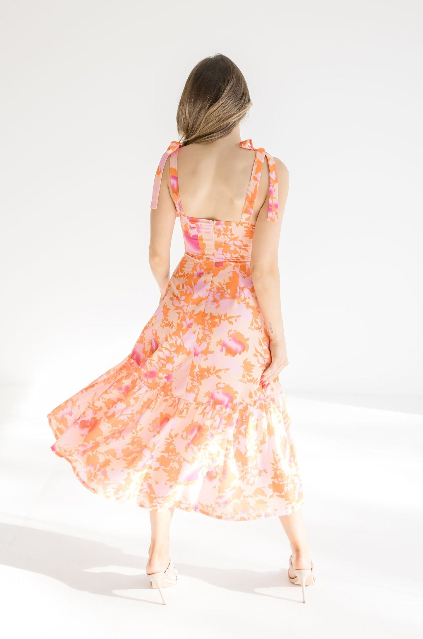 Georgia Shoulder Tie Floral Print Midi Dress Peach