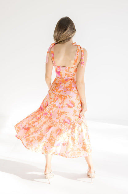 Georgia Shoulder Tie Floral Print Midi Dress Peach