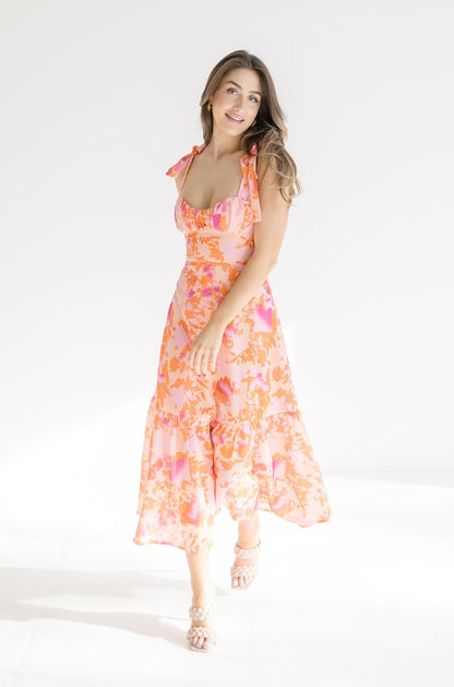 Georgia Shoulder Tie Floral Print Midi Dress Peach