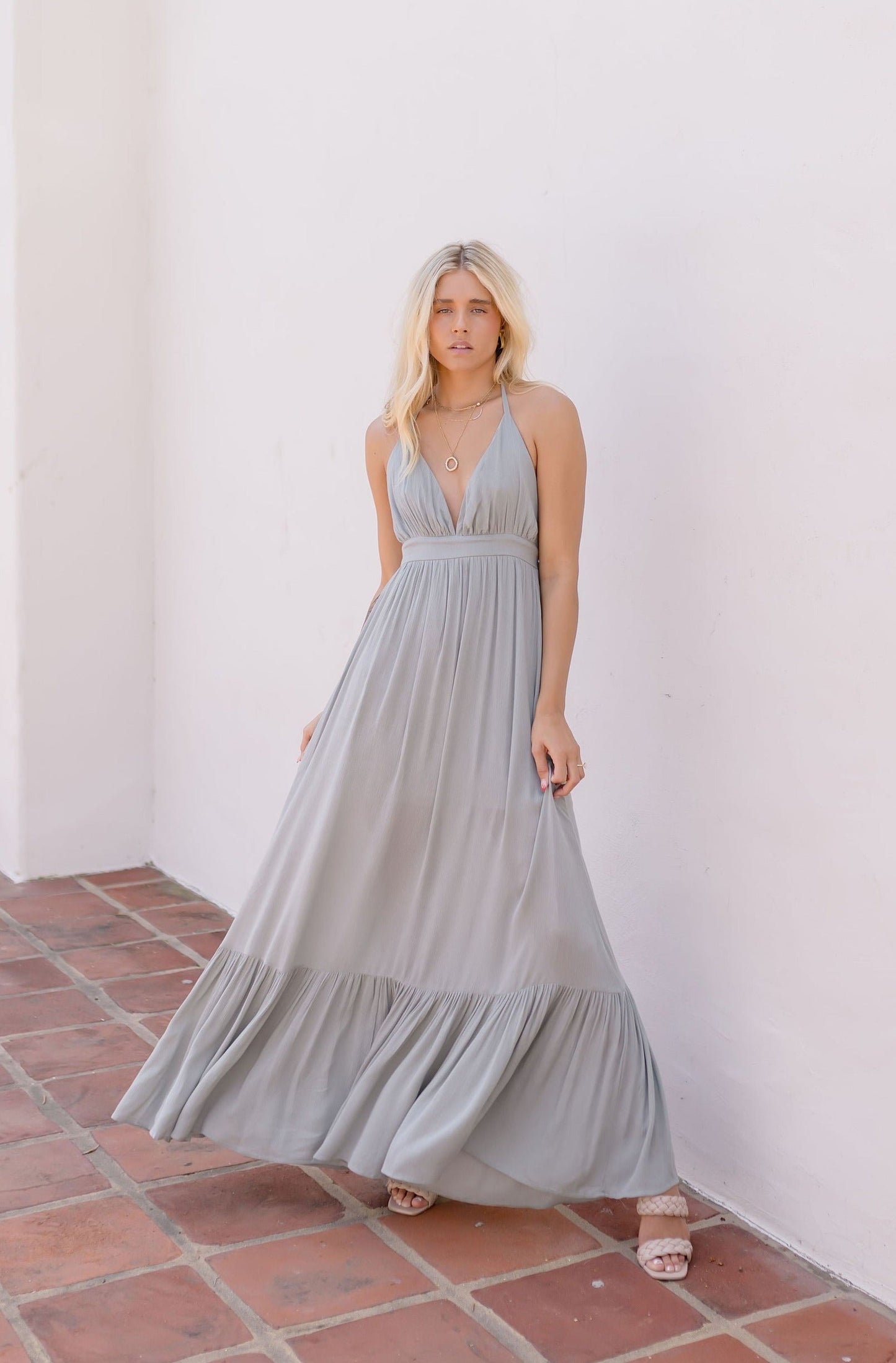 Mercedes Open Back Halter Tie Maxi Dress Sage