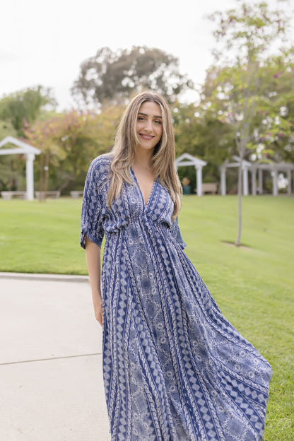 Cecily Kimono Sleeve Abstract Print Midi Dress Navy