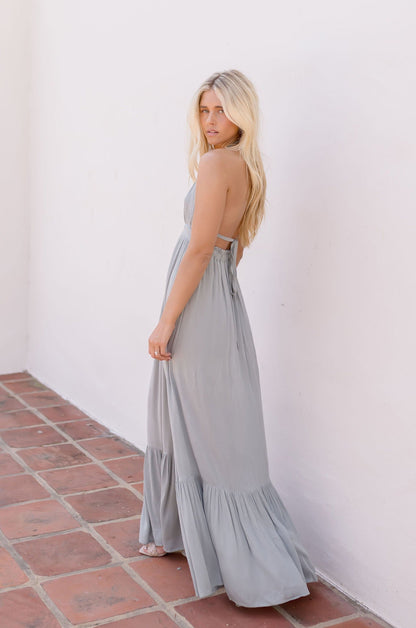 Mercedes Open Back Halter Tie Maxi Dress Sage