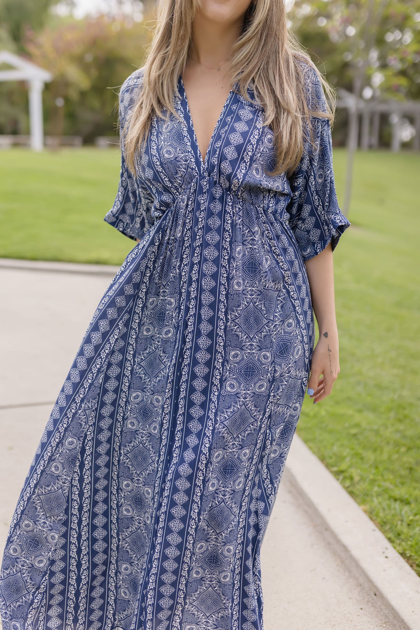 Cecily Kimono Sleeve Abstract Print Midi Dress Navy