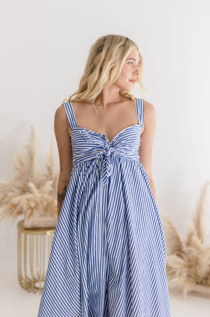 Madison Sleeveless Stripe Print Midi Dress Blue