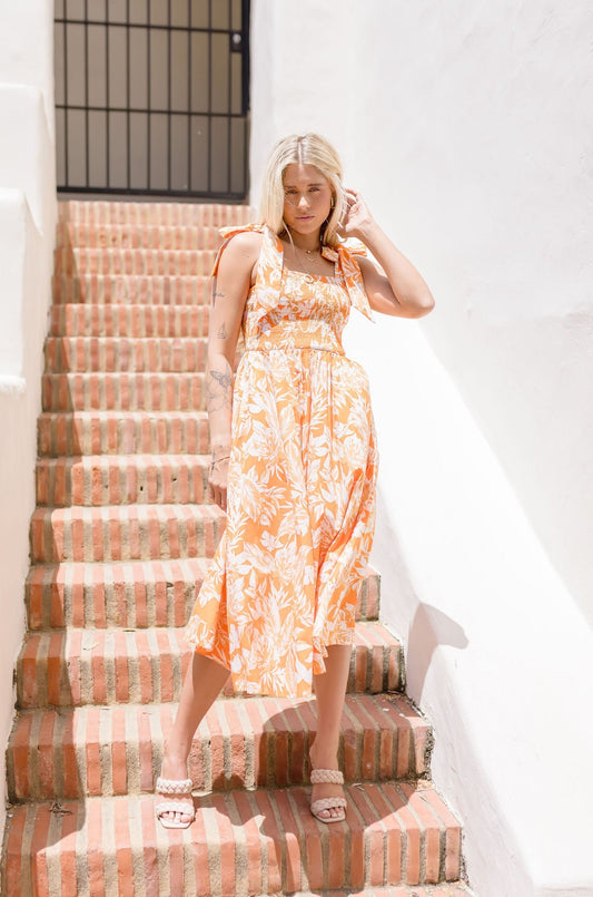 Michelle Tropical Print Shoulder Tie Midi Dress Orange