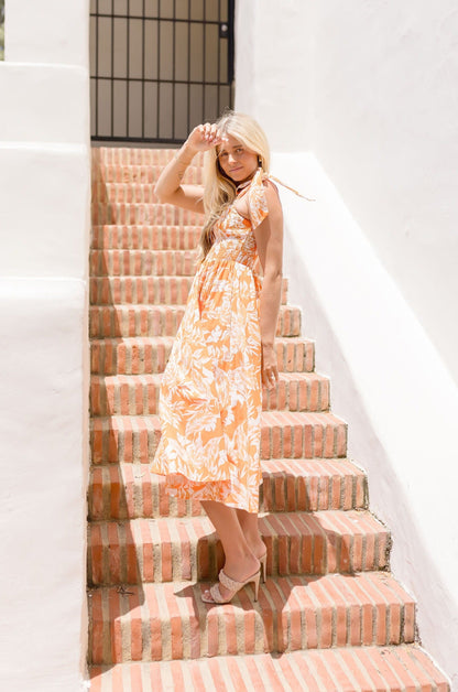 Michelle Tropical Print Shoulder Tie Midi Dress Orange