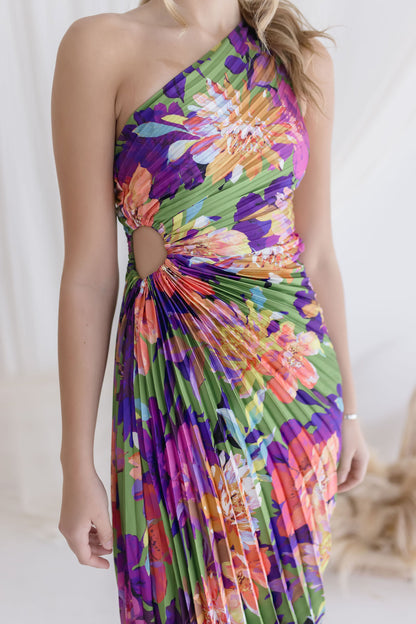 Waitlist 6/25 ♥ Skye One Shoulder Pleated Floral Maxi Dress Violet