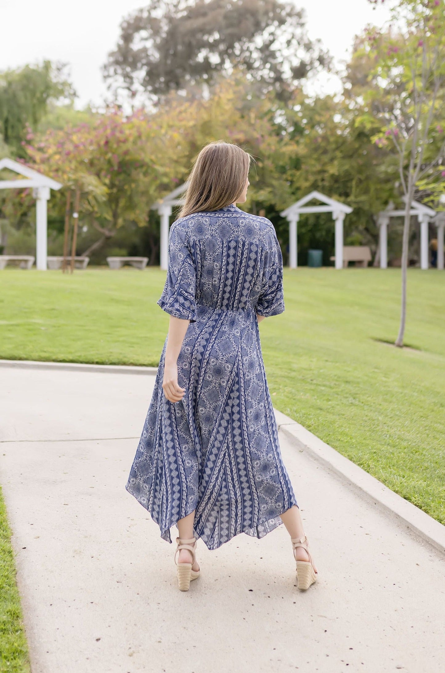 Cecily Kimono Sleeve Abstract Print Midi Dress Navy