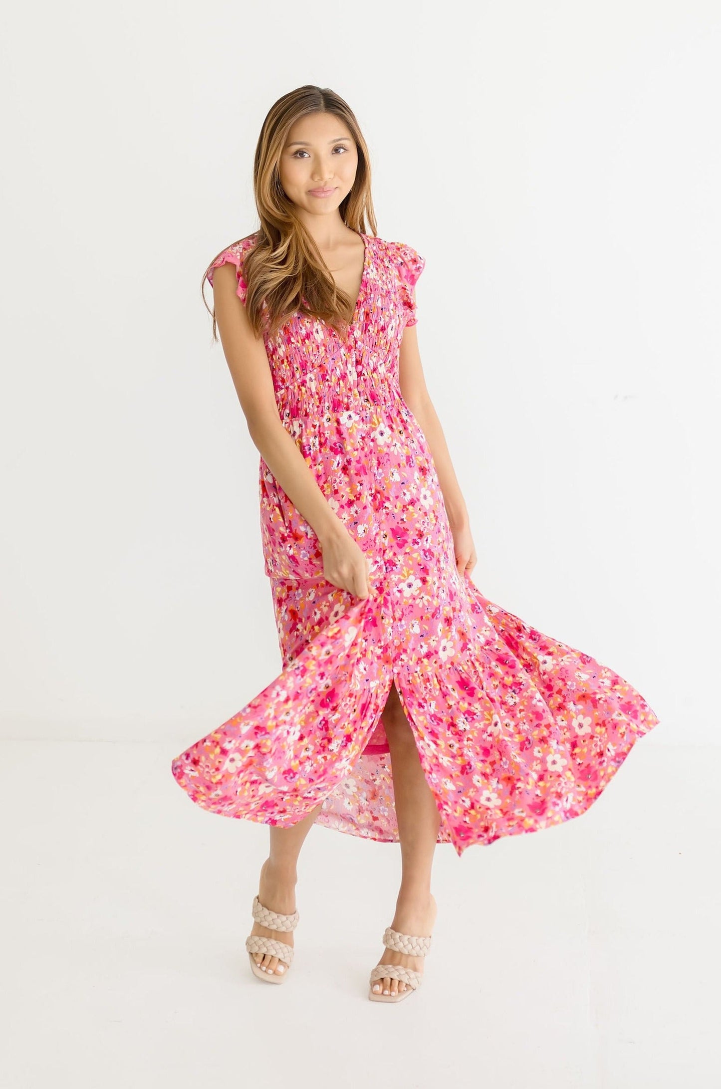 Amelia Short Ruffle Sleeve Floral Print Maxi Dress Pink