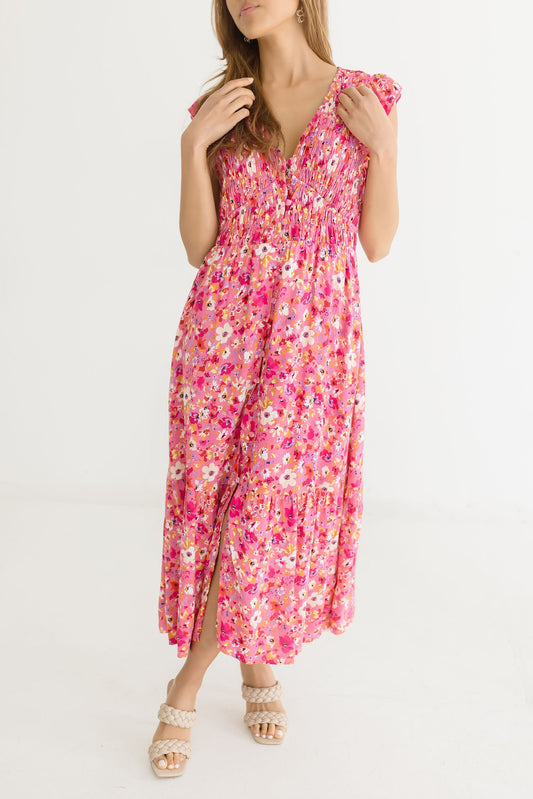 Amelia Short Ruffle Sleeve Floral Print Maxi Dress Pink