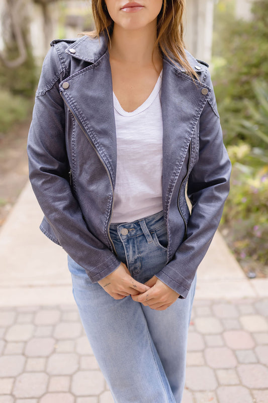 Victoria Vegan Leather Jacket Blue