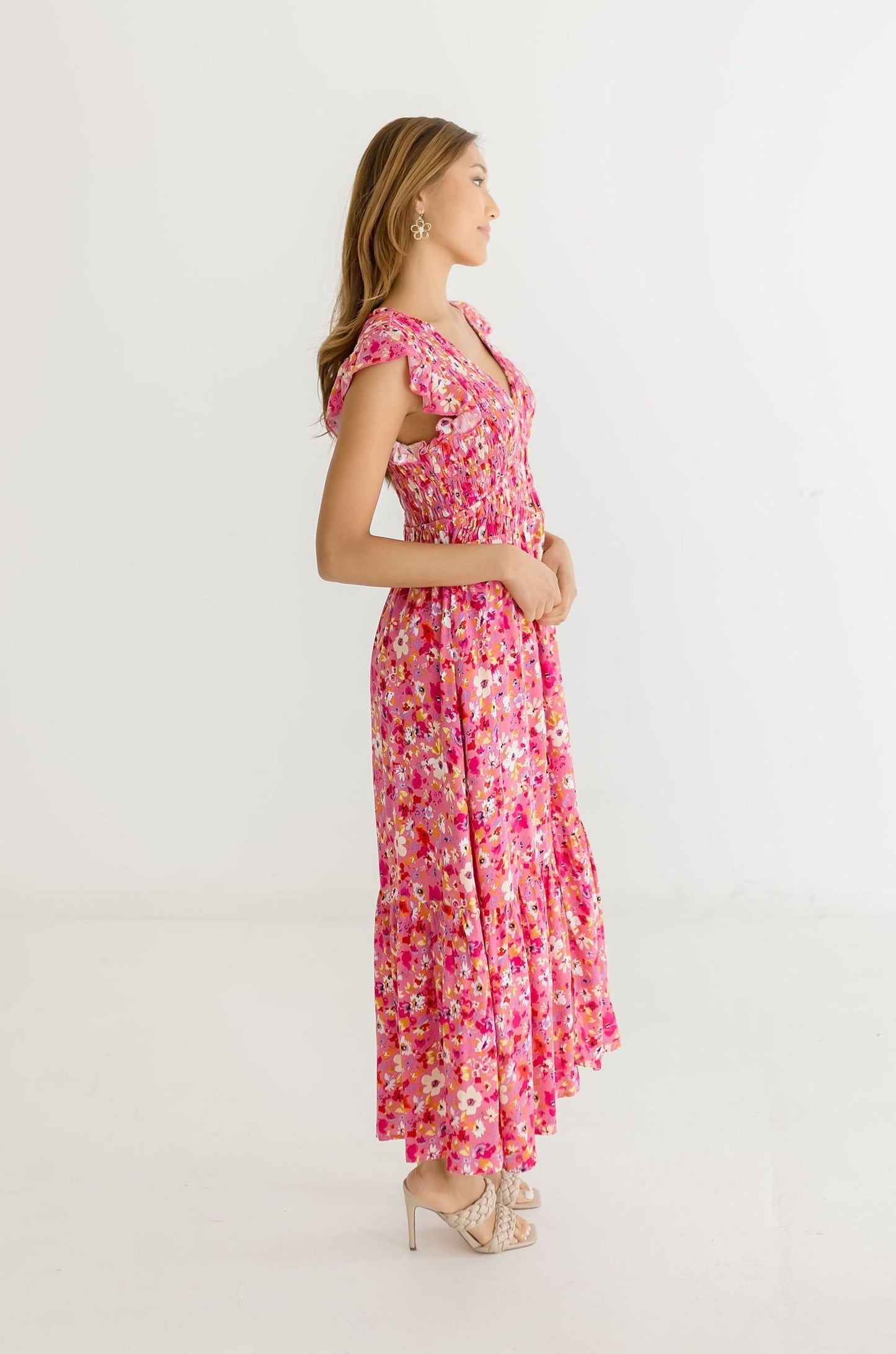 Amelia Short Ruffle Sleeve Floral Print Maxi Dress Pink