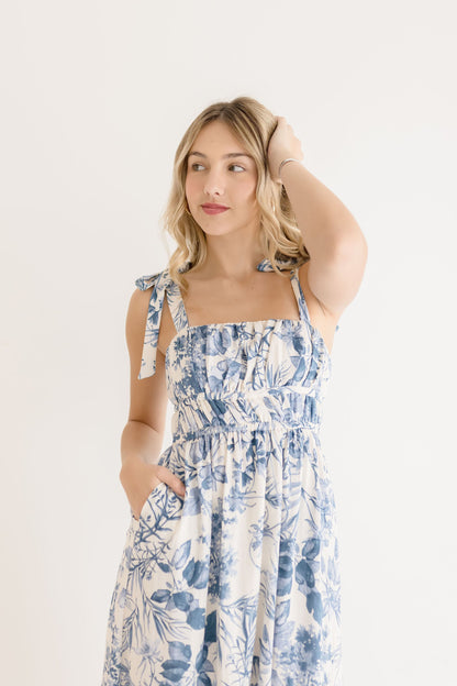 Leigh Sleeveless Shoulder Tie Floral Print Midi Dress Blue