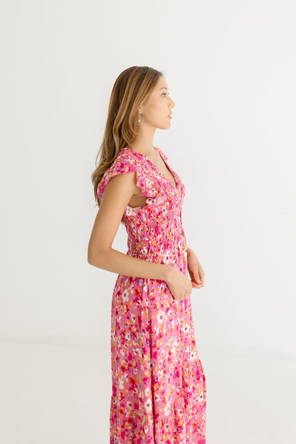 Amelia Short Ruffle Sleeve Floral Print Maxi Dress Pink