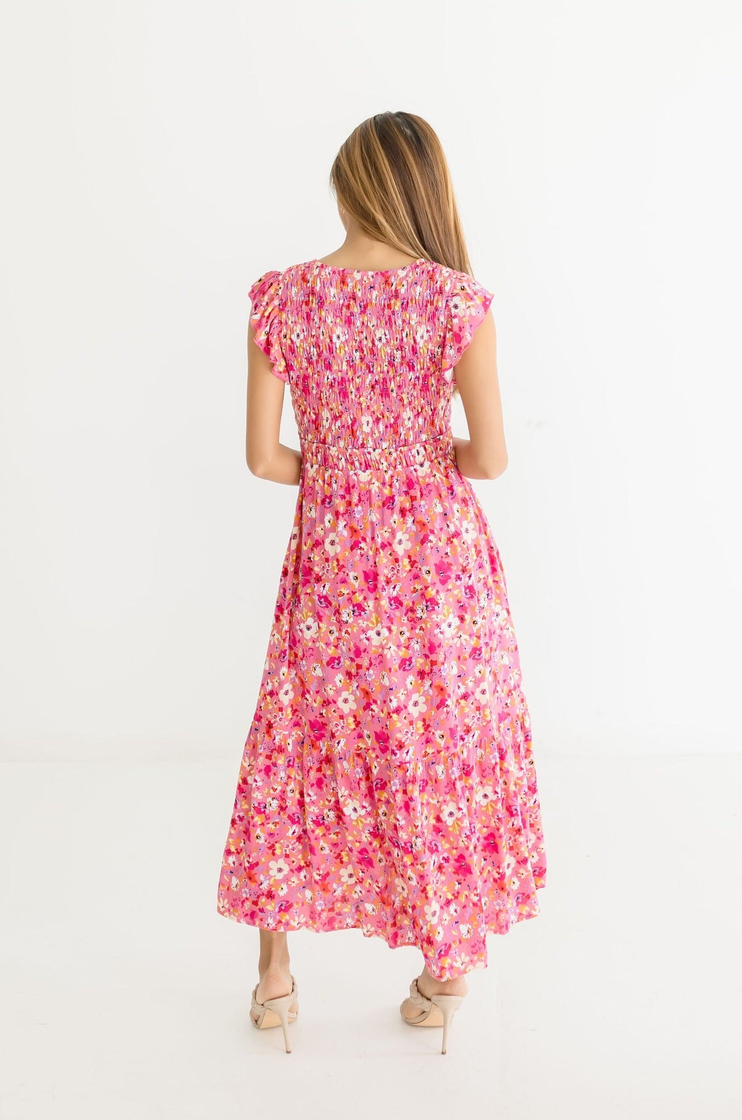 Amelia Short Ruffle Sleeve Floral Print Maxi Dress Pink