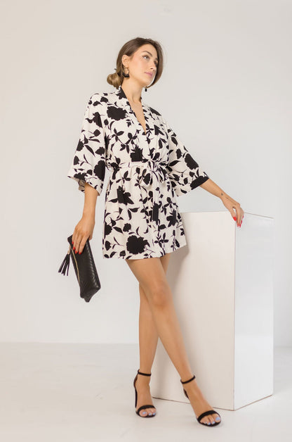 Melody Floral Print Kimono Mini Dress White