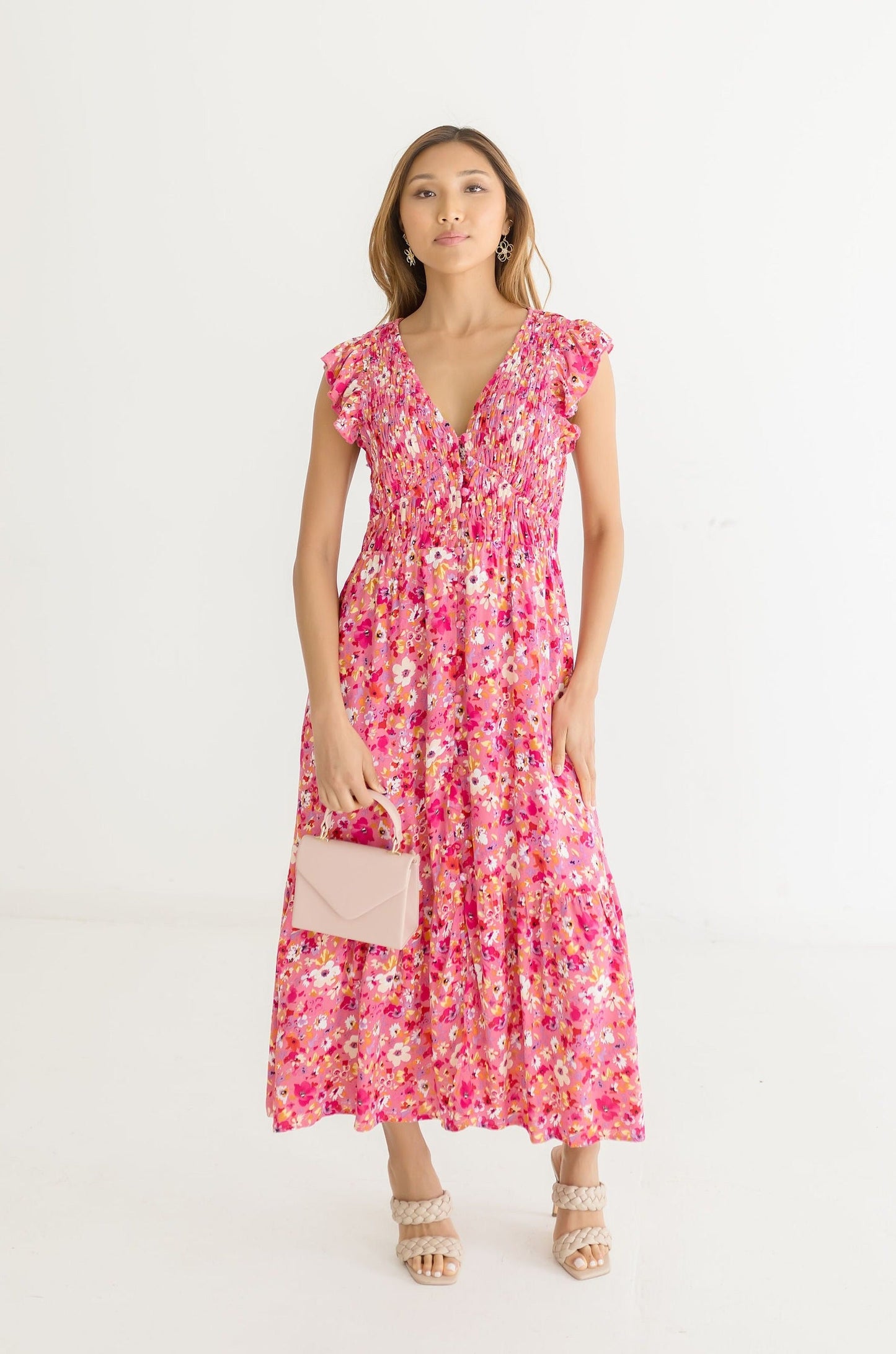 Amelia Short Ruffle Sleeve Floral Print Maxi Dress Pink