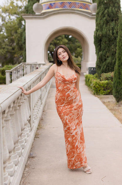 Sloan Sleeveless Cowl Neck Abstract Print Maxi Dress Orange