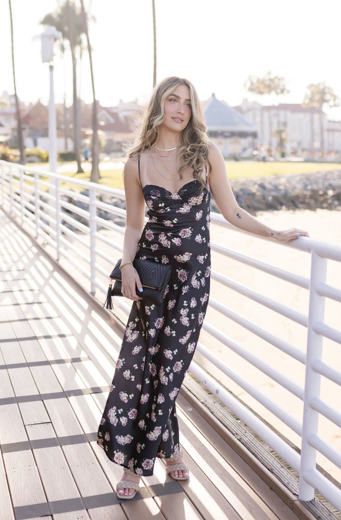 Armina Sleeveless Open Back Floral Print Maxi Dress Black