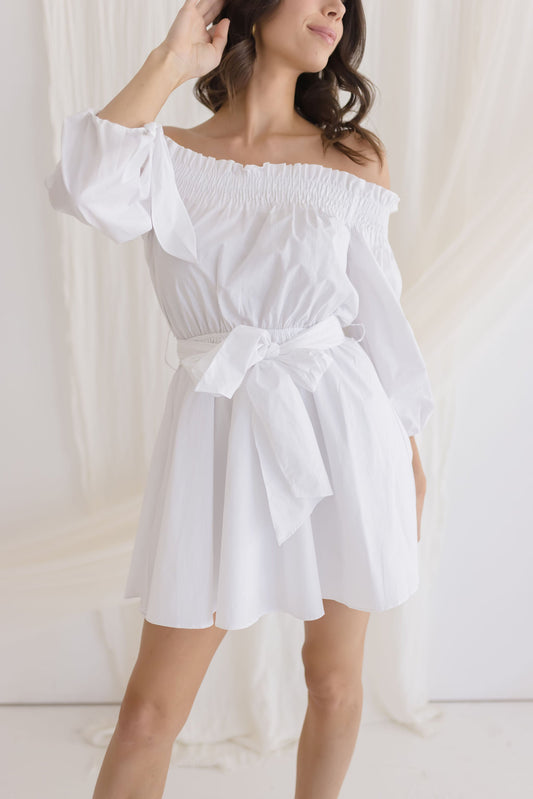 Marina Long Sleeve Off The Shoulder Mini Dress White