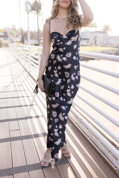 Armina Sleeveless Open Back Floral Print Maxi Dress Black