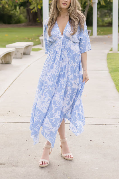 Avery Kimono Sleeve Abstract Print Midi Dress Blue