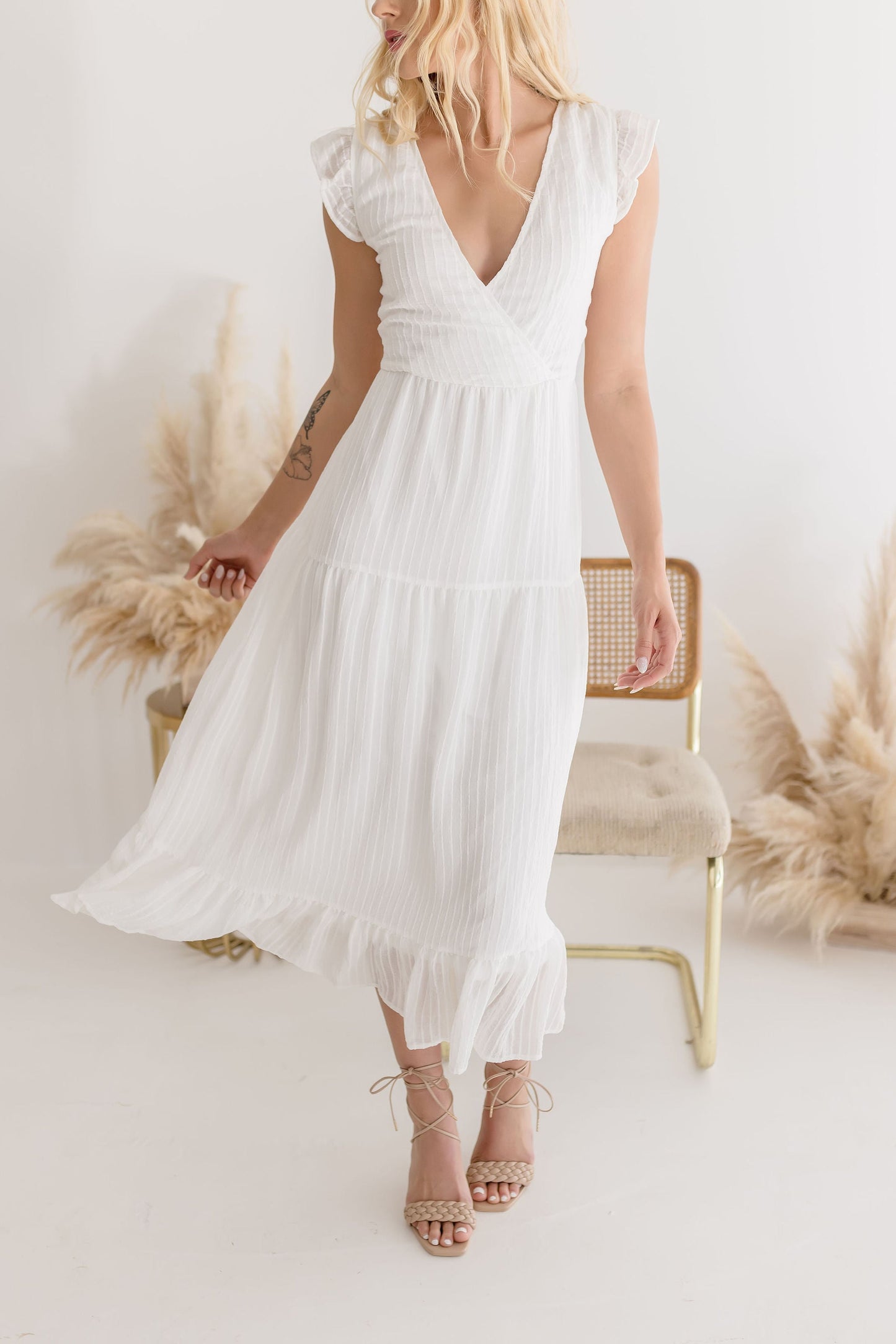 Dana Flutter Sleeve Open Back Midi Dress White