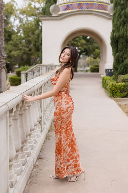 Sloan Sleeveless Cowl Neck Abstract Print Maxi Dress Orange