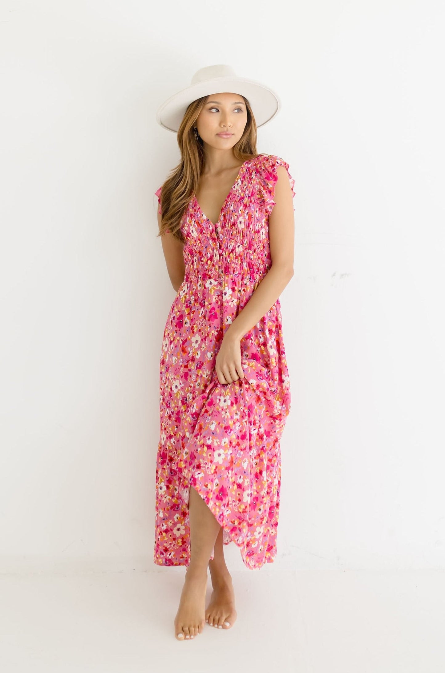 Amelia Short Ruffle Sleeve Floral Print Maxi Dress Pink