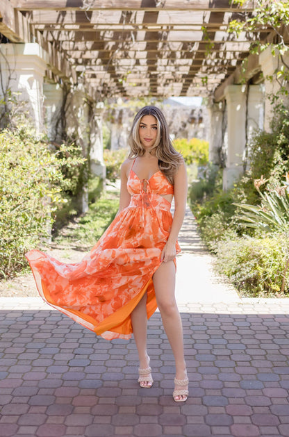 Carla Back Tie Cut Out Floral Print Maxi Dress Orange