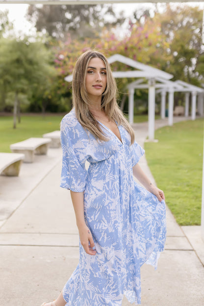 Avery Kimono Sleeve Abstract Print Midi Dress Blue