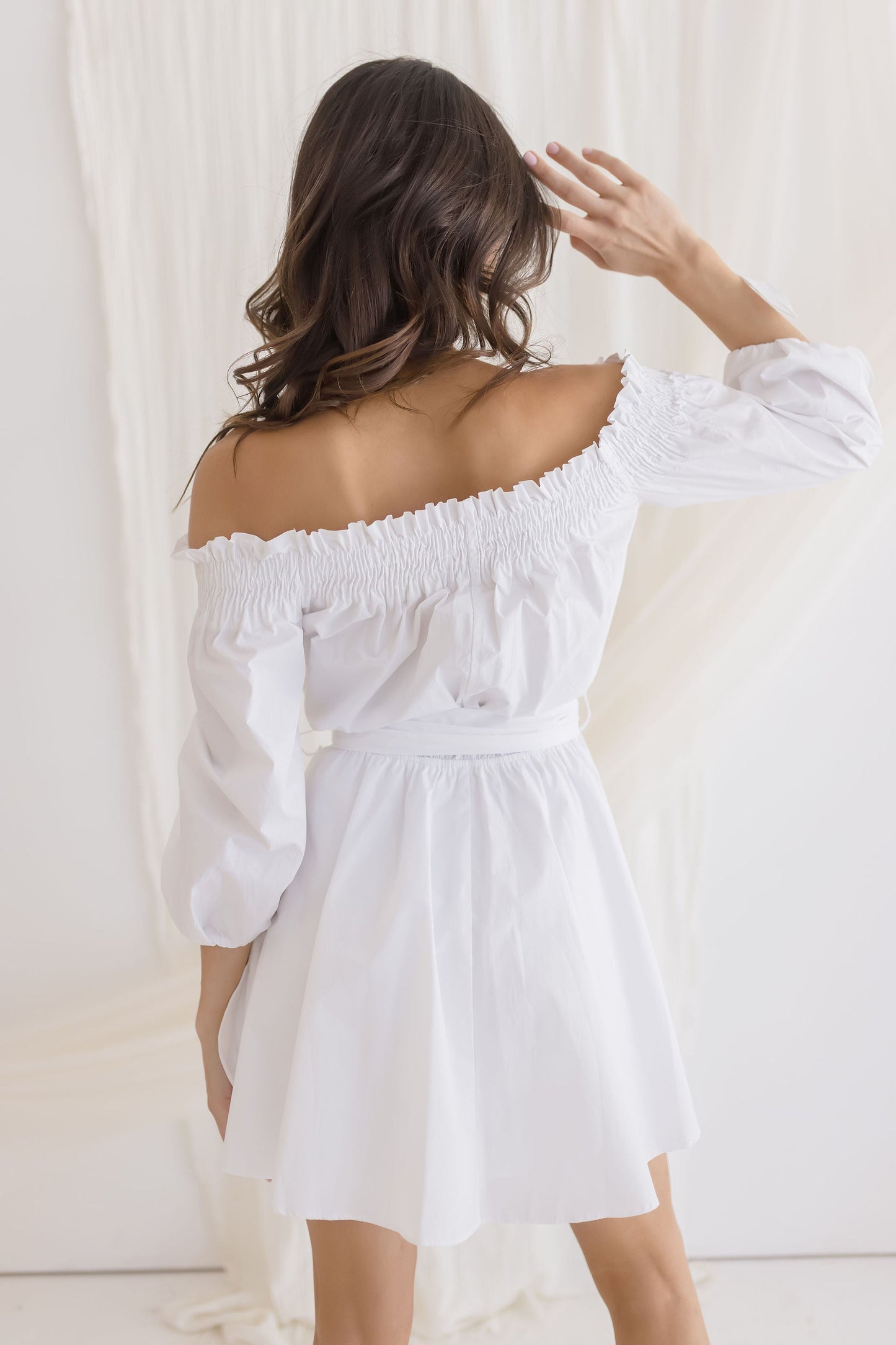 Marina Long Sleeve Off The Shoulder Mini Dress White