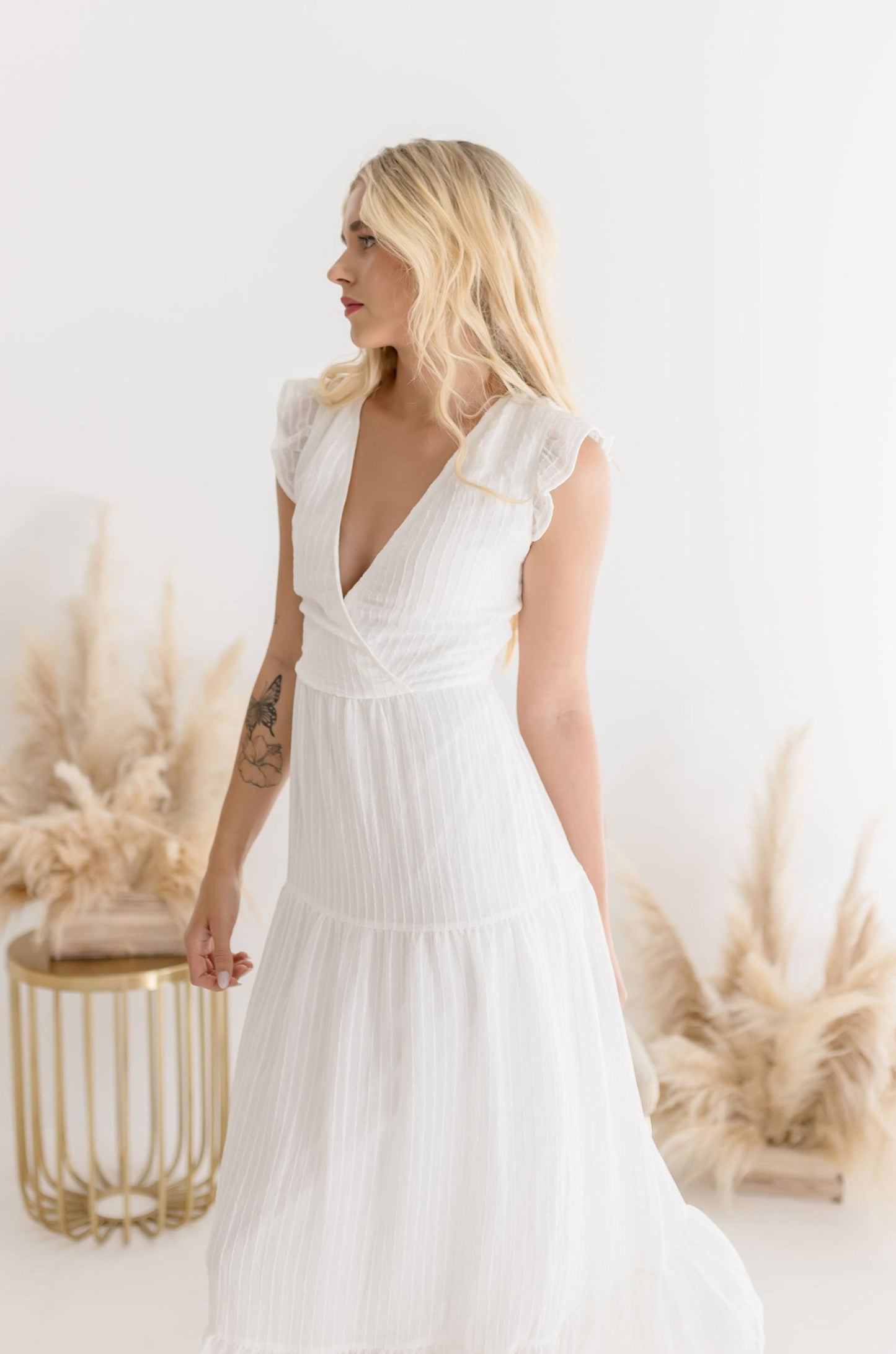 Dana Flutter Sleeve Open Back Midi Dress White