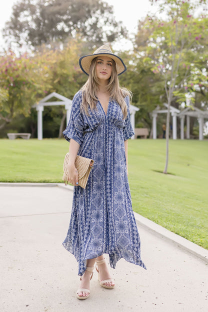 Cecily Kimono Sleeve Abstract Print Midi Dress Navy