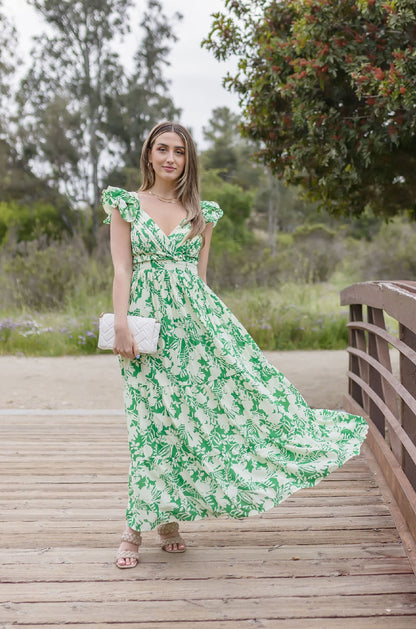 Bree Ruffle Sleeve Floral Print Maxi Dress Green