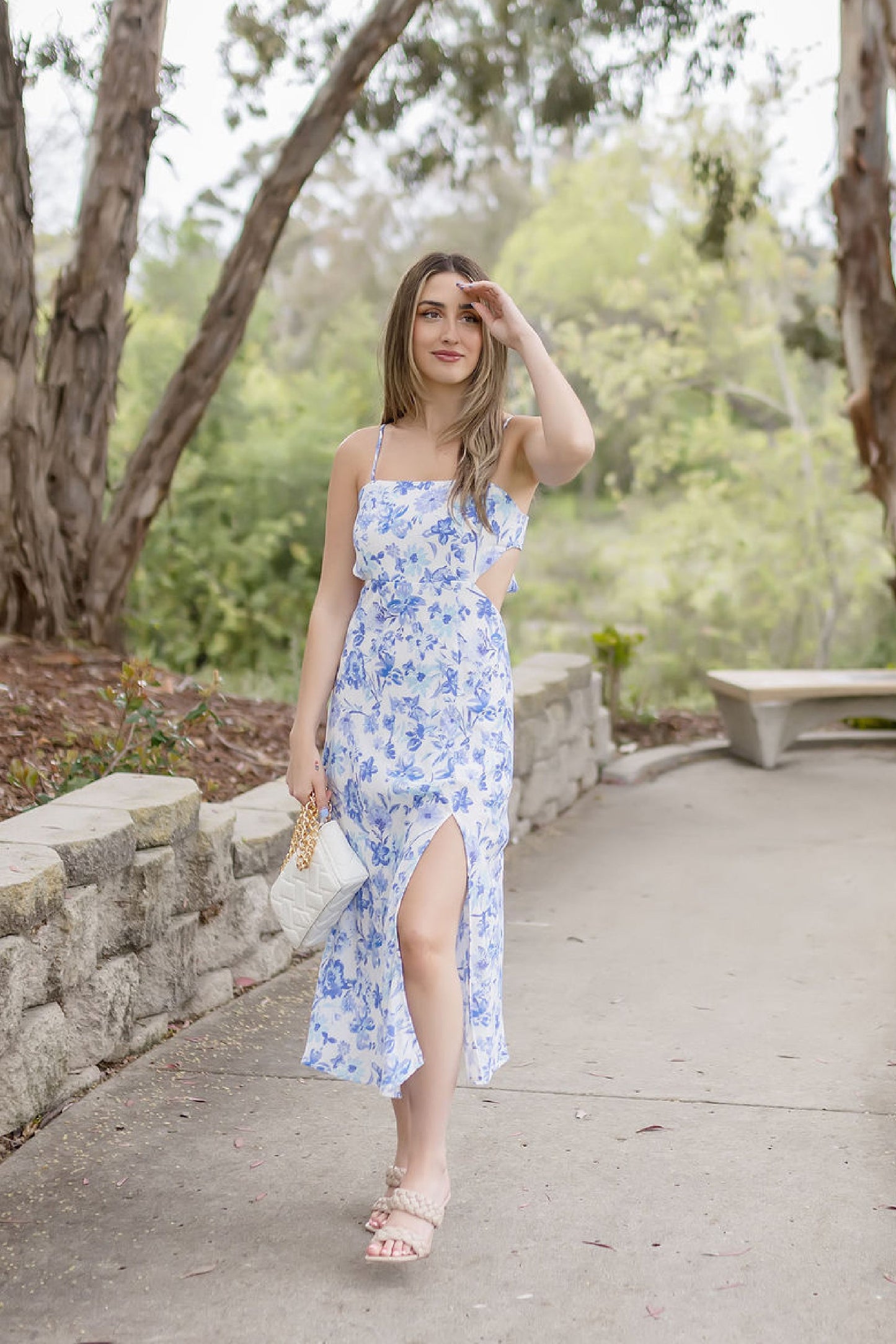 Erika Sleeveless Cut Out Floral Print Midi Dress Blue