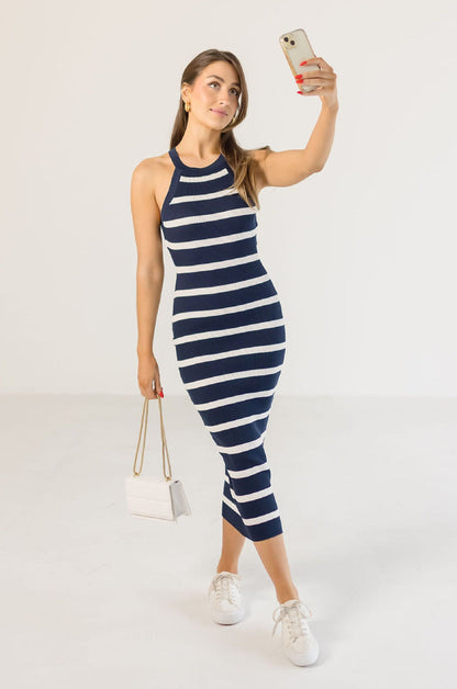 Arlene Sleeveless Striped Knit Midi Dress Navy