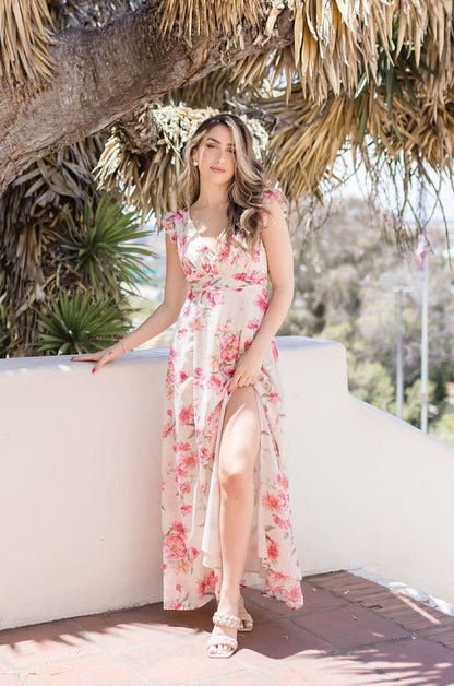 Reese Flutter Sleeve Floral Print Maxi Dress Blush