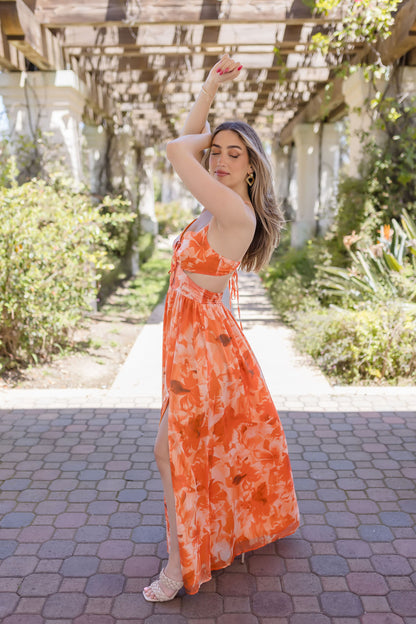 Carla Back Tie Cut Out Floral Print Maxi Dress Orange