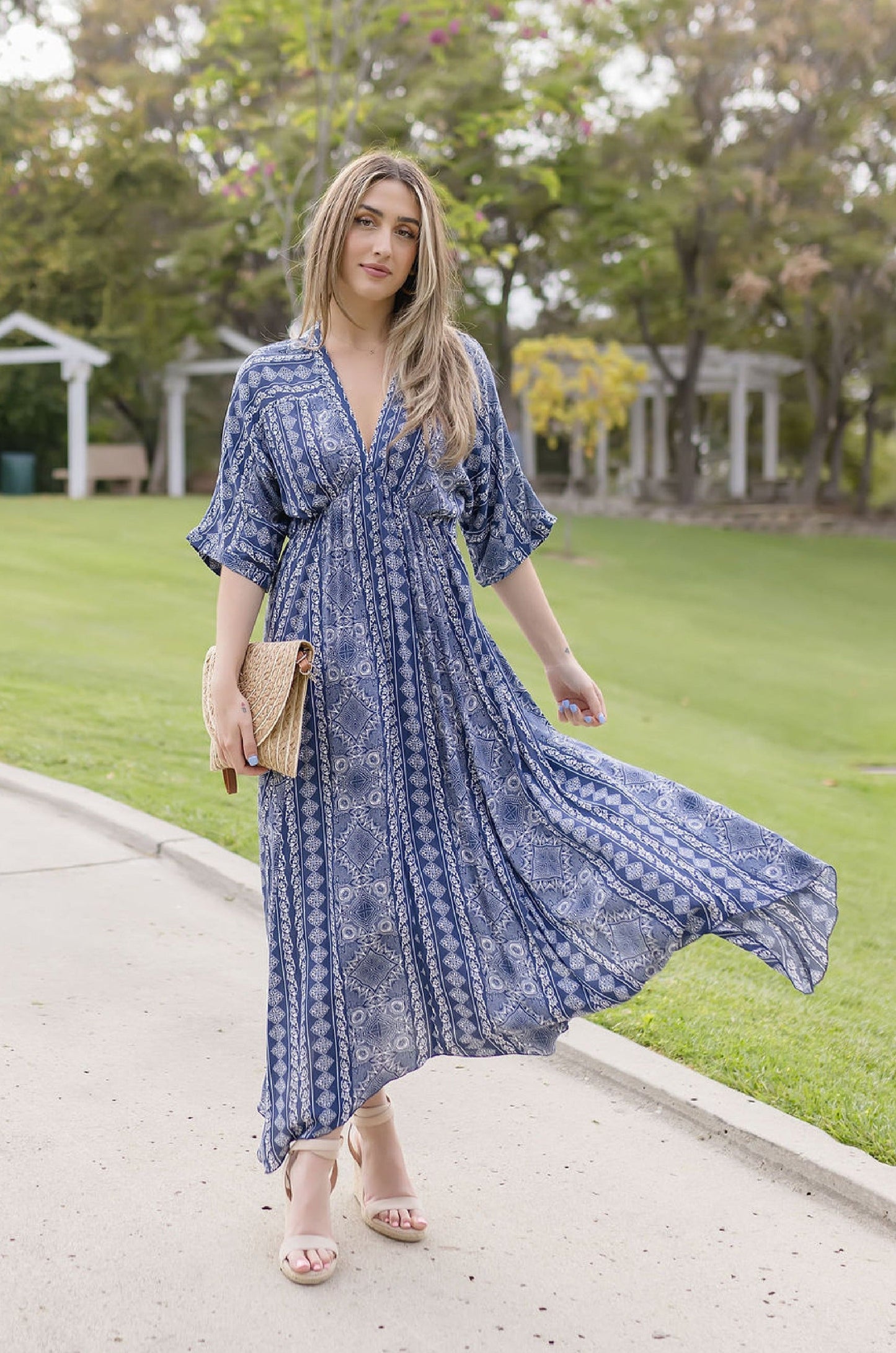 Cecily Kimono Sleeve Abstract Print Midi Dress Navy