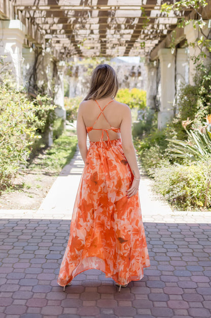 Carla Back Tie Cut Out Floral Print Maxi Dress Orange