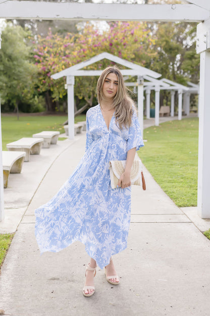 Avery Kimono Sleeve Abstract Print Midi Dress Blue