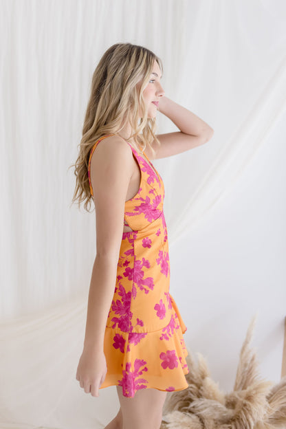 Aria Sleeveless Back Tie Floral Print Mini Dress Orange