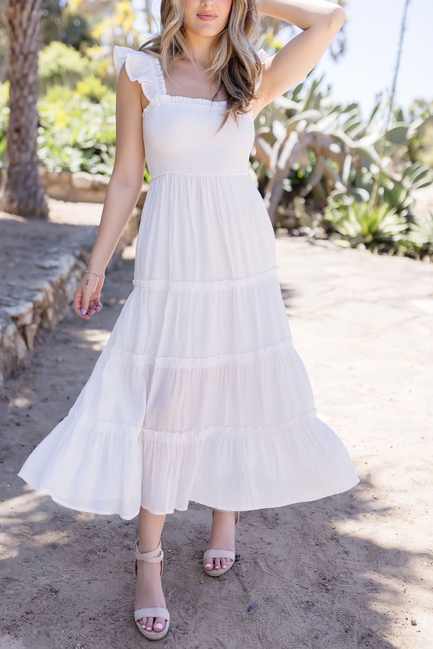 Ariana Ruffle Sleeve Midi Dress White