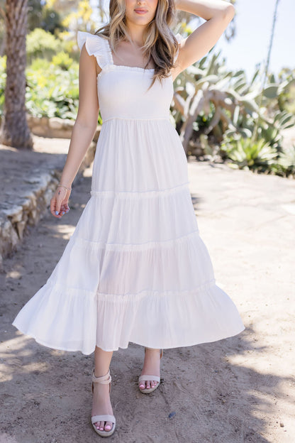 Ariana Ruffle Sleeve Midi Dress White